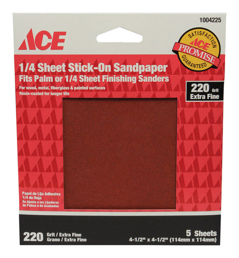 Ace Aluminum Oxide Sandpaper 4-1/2 in. L 220 Grit Extra Fine 5 pk