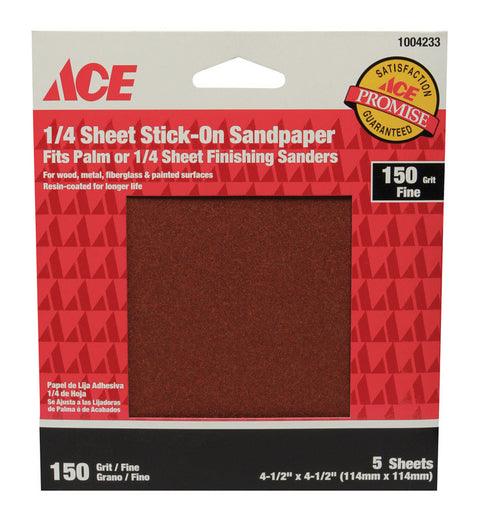 Ace Aluminum Oxide Sandpaper 4-1/2 in. L 150 Grit Fine 5 pk