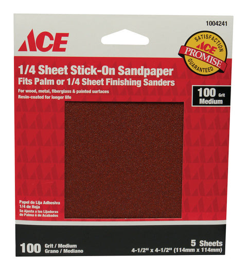 Ace Aluminum Oxide Sandpaper 4-1/2 in. L 100 Grit Medium 5 pk