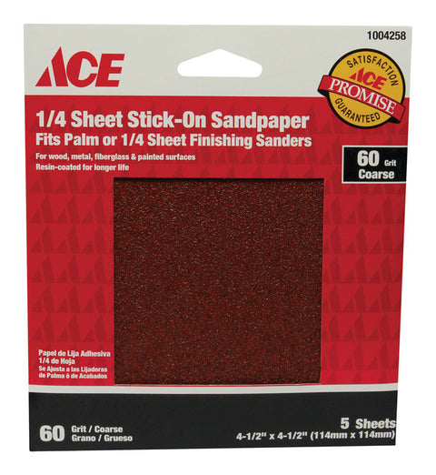 Ace Aluminum Oxide Sandpaper 4-1/2 in. L 60 Grit Coarse 5 pk
