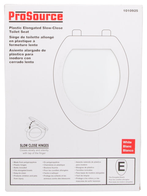 ProSource Q-019-WH Toilet Seat, Elongated, Polypropylene, White, Plastic Hinge Hinge