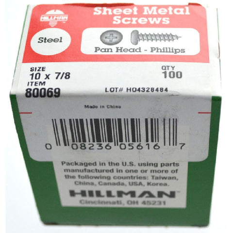 Hillman Pan Head Phillips Drive Sheet Metal Screws Steel 10 x 7/8 in. L 100 per box