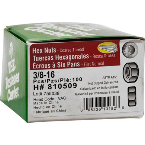 Hillman 3/8 Hot Dipped Galvanized Steel SAE Hex Nut 100 pk