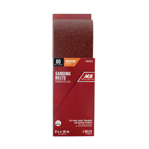 Ace Sanding Belt 2-1/2 in. W x 16 in. L 80 Grit Medium 2 pk