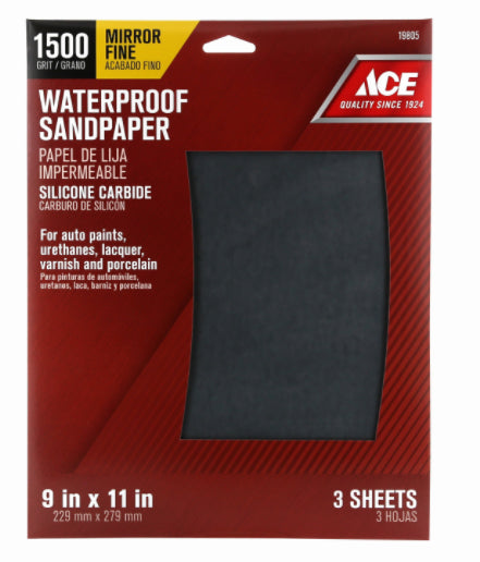 Ace Silicon Carbide Sandpaper 11 in. L 1500 Grit Mirror Fine 3 pk