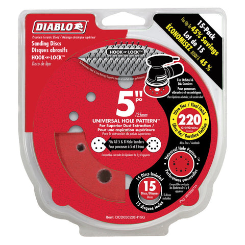 Diablo 5 in. Dia. Sanding Disc 220 Grit Super Fine Hook and Loop 15 pk