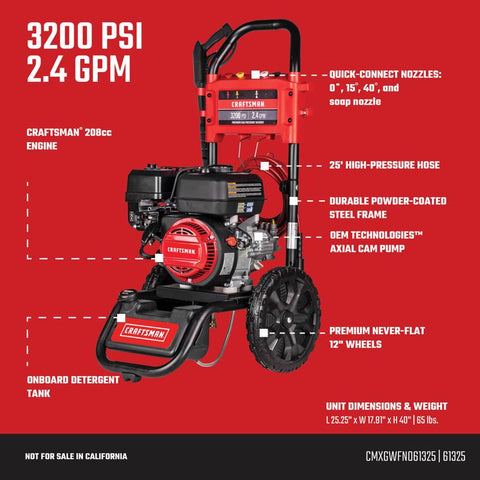 Craftsman (49-State) CMXGWFN061325 3200 psi Gas 2.4 gpm Pressure Washe ...
