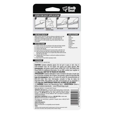 DAP Kwik Seal White Acrylic Latex Kitchen and Bath Adhesive Caulk 2.8 oz, Pack of 6