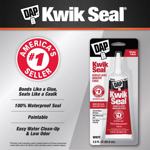 DAP Kwik Seal White Acrylic Latex Kitchen and Bath Adhesive Caulk 2.8 oz, Pack of 6