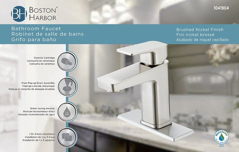Boston Harbor FS6A0215NP Lavatory Faucet, 1.2 gpm, 1-Faucet Handle, 1, 3-Faucet Hole, Metal/Plastic, Brushed Nickel