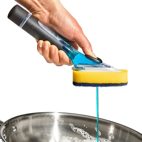 Good Grips 12361600 Soap Dispensing Dish Scrub, 12 in OAL, Comfortable, Non-Slip Grip Handle, Plastic/Rubber Handle