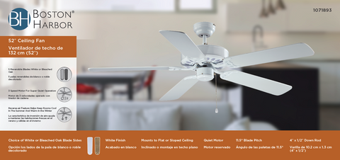 Boston Harbor 52-CASA-ES-EN-WH Ceiling Fan, 5-Blade, Bleached Oak/White Blade, 52 in Sweep, MDF Blade, 3-Speed