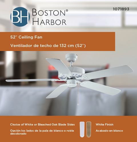Boston Harbor 52-CASA-ES-EN-WH Ceiling Fan, 5-Blade, Bleached Oak/White Blade, 52 in Sweep, MDF Blade, 3-Speed
