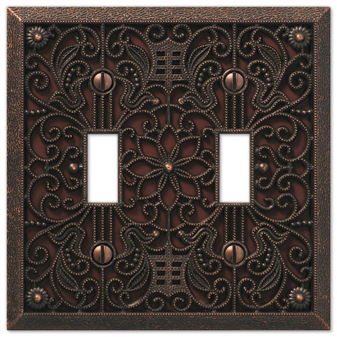 Amerelle Filigree 65TTDB Wallplate, 4-1/2 in L, 4-7/16 in W, 2 -Gang, Metal, Aged Bronze, Pack of 3