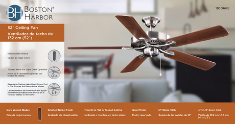 Boston Harbor YG314-ES-EN-BN Ceiling Fan, 5-Blade, Dark Walnut Blade, 52 in Sweep, MDF Blade, 3-Speed