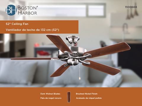 Boston Harbor YG314-ES-EN-BN Ceiling Fan, 5-Blade, Dark Walnut Blade, 52 in Sweep, MDF Blade, 3-Speed