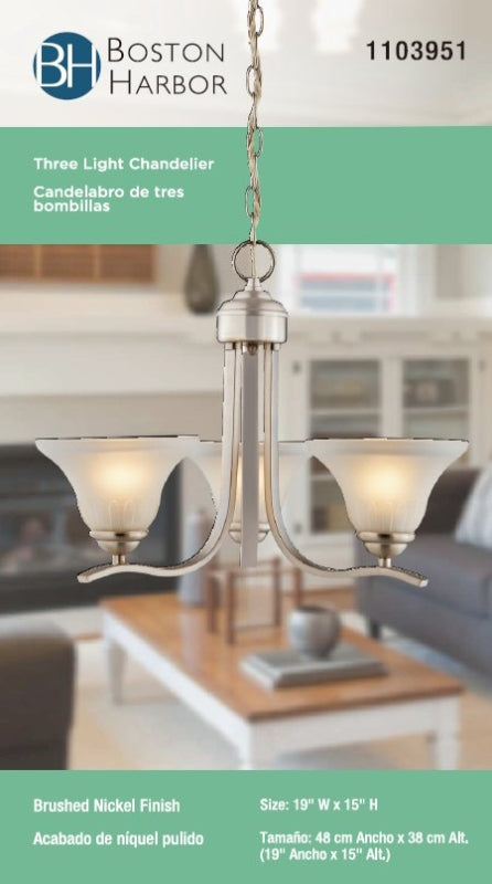Boston Harbor 1571-3C Chandelier, 120 V, 60 W, 1-Tier, 3-Lamp, A19/CFL Lamp, Metal Fixture