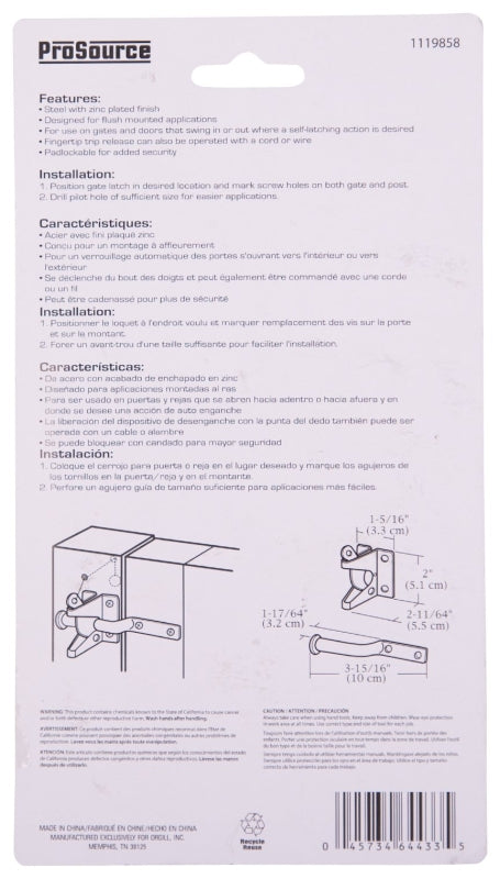 ProSource 33140ZCB-PS Gate Latch, 3/8 in Bolt Head, 3-15/16 in L Bolt, Steel, Zinc