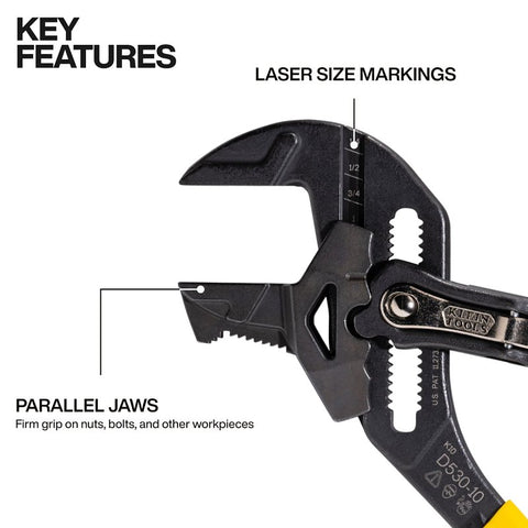 Klein Tools D53010 Plier Wrench, 10 in OAL, 2 in Jaw, Lever Adjustment, Yellow Handle, 3/8 in W Jaw, 1 in L Jaw