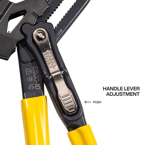 Klein Tools D53010 Plier Wrench, 10 in OAL, 2 in Jaw, Lever Adjustment, Yellow Handle, 3/8 in W Jaw, 1 in L Jaw