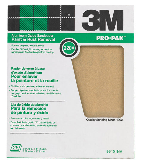 3M Pro-Pak Aluminum Oxide Sandpaper 11 in. L 220 Grit Very Fine 1 pc.