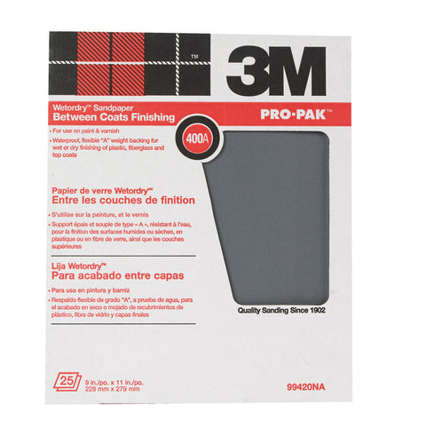 3M Pro-Pak Silicon Carbide Sandpaper 11 in. L 400 Grit Super Fine 1 pc.