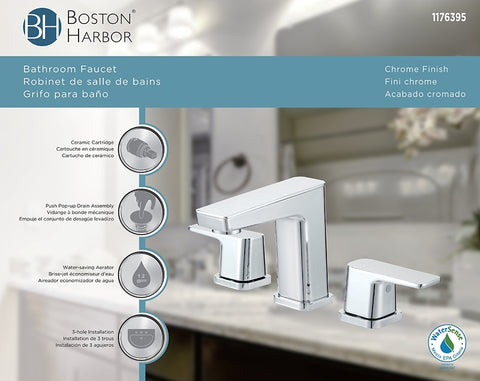 Boston Harbor FW6AC023CP Lavatory Faucet, 1.2 gpm, 2-Faucet Handle, 3-Faucet Hole, Brass/Zinc/Plastic, Chrome Plated