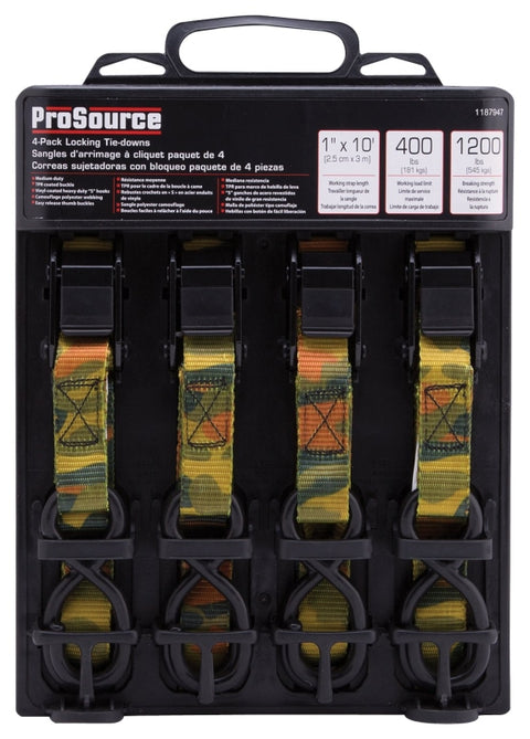 ProSource FH64068 Tie-Down, 1 in W, 10 ft L, Polyester Webbing, Metal Buckle, Camouflage, 400 lb, S-Hook End Fitting