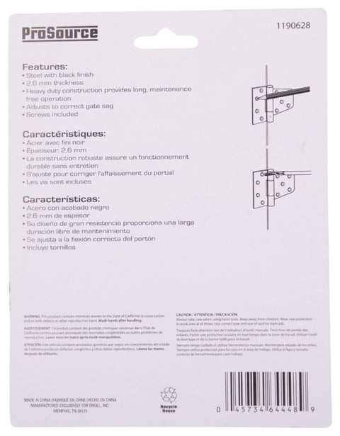 ProSource LR-183-PS Gate Hinge, Steel, Black, Fixed Pin, 180 deg Range of Motion, 46 (Pair) lb