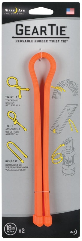 Gear Tie GT18-2PK-31 Twist Tie, Rubber, Bright Orange, 18 in L, 0.4 in W, 2/PK