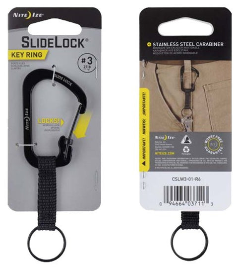 Nite Ize SlideLock Series CSLW3-01-R6 Key Carabiner with Strap and Key Ring, 1-1/2 in OAL, #3 Dia Ring, Stainless Steel