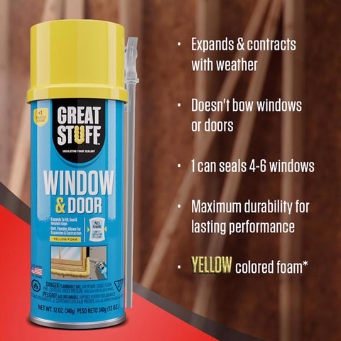 Great Stuff Window & Door Yellow Polyurethane Insulating Foam Sealant 12 oz, Pack of 12
