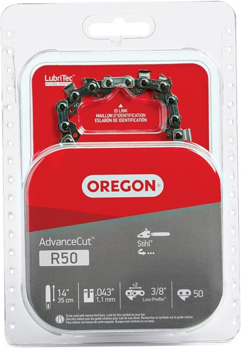 Oregon AdvanceCut R50 Chainsaw Chain, 14 in L Bar, 0.043 Gauge, 3/8 in TPI/Pitch, 50-Link