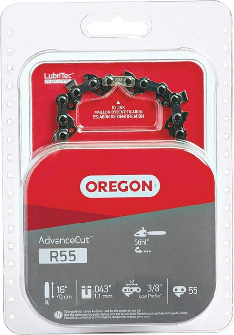 Oregon AdvanceCut R55 Chainsaw Chain, 16 in L Bar, 0.043 Gauge, 3/8 in TPI/Pitch, 55-Link