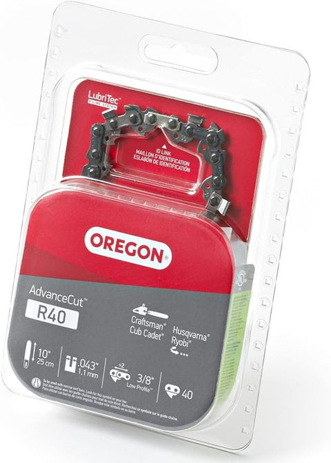 Oregon AdvanceCut R40 Chainsaw Chain, 10 in L Bar, 0.043 Gauge, 3/8 in TPI/Pitch, 40-Link