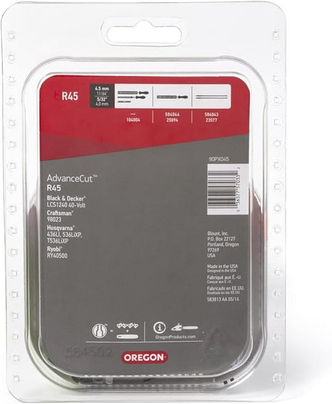 Oregon AdvanceCut Series R45 Chainsaw Chain, 90PX Chain, 12 in L Bar, 0.043 in Gauge, 3/8 in TPI/Pitch, 45-Link