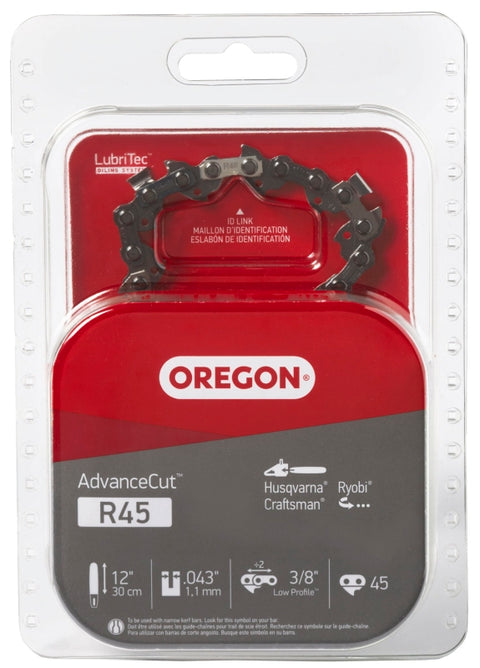 Oregon AdvanceCut Series R45 Chainsaw Chain, 90PX Chain, 12 in L Bar, 0.043 in Gauge, 3/8 in TPI/Pitch, 45-Link