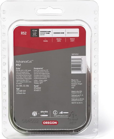 Oregon AdvanceCut Series R52 Chainsaw Chain, 90PX Chain, 14 in L Bar, 0.043 in Gauge, 3/8 in TPI/Pitch, 52-Link
