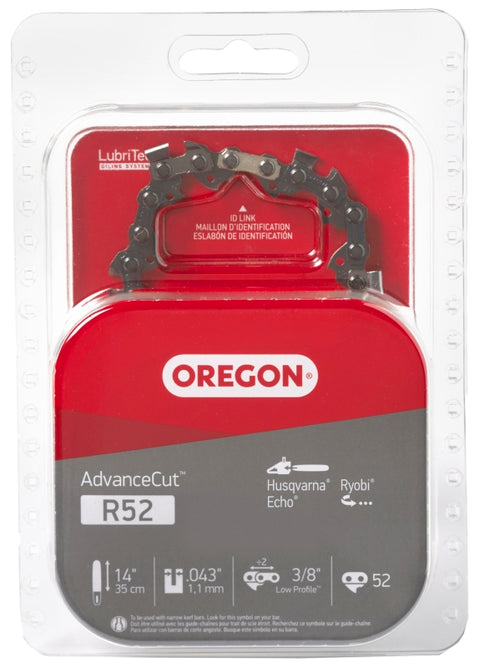 Oregon AdvanceCut Series R52 Chainsaw Chain, 90PX Chain, 14 in L Bar, 0.043 in Gauge, 3/8 in TPI/Pitch, 52-Link