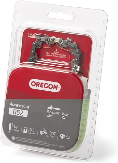Oregon AdvanceCut R52 Chainsaw Chain, 14 in L Bar, 0.043 Gauge, 3/8 in TPI/Pitch, 52-Link