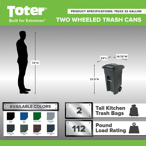 Toter 79232-R2705 Trash Can, 32 gal Capacity, Polyethylene, Blue, 19-3/4 in W x 24-1/4 in D x 37-1/2 in H Dimensions
