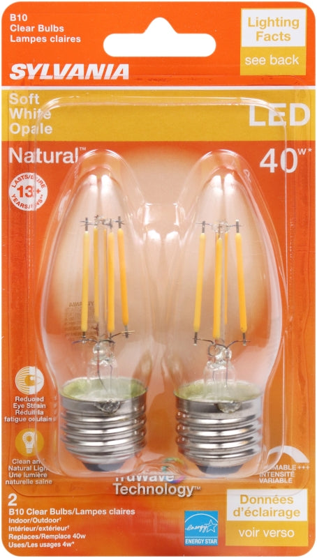 Sylvania 40793 Natural LED Bulb, Decorative, B10 Blunt Tip Lamp, 40 W Equivalent, E26 Lamp Base, Dimmable, Clear