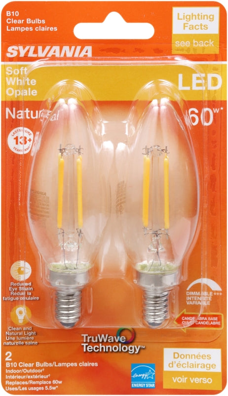 Sylvania 40796 Natural LED Bulb, Decorative, B10 Blunt Tip Lamp, 60 W Equivalent, E12 Lamp Base, Dimmable, Clear