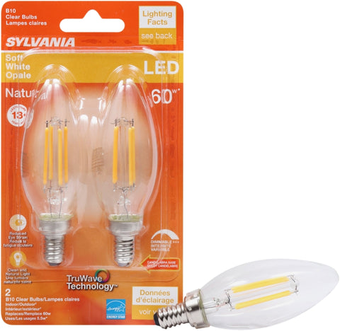 Sylvania 40796 Natural LED Bulb, Decorative, B10 Blunt Tip Lamp, 60 W Equivalent, E12 Lamp Base, Dimmable, Clear