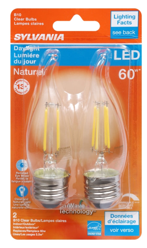 Sylvania 40760 Natural LED Bulb, Decorative, 500 Lumens, 5.5 W, B10 Bent Tip Lamp, 60 W Equivalent, E26 Lamp Base, Clear
