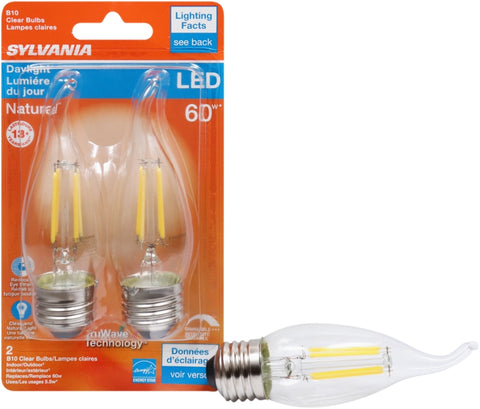Sylvania 40760 Natural LED Bulb, Decorative, 500 Lumens, 5.5 W, B10 Bent Tip Lamp, 60 W Equivalent, E26 Lamp Base, Clear