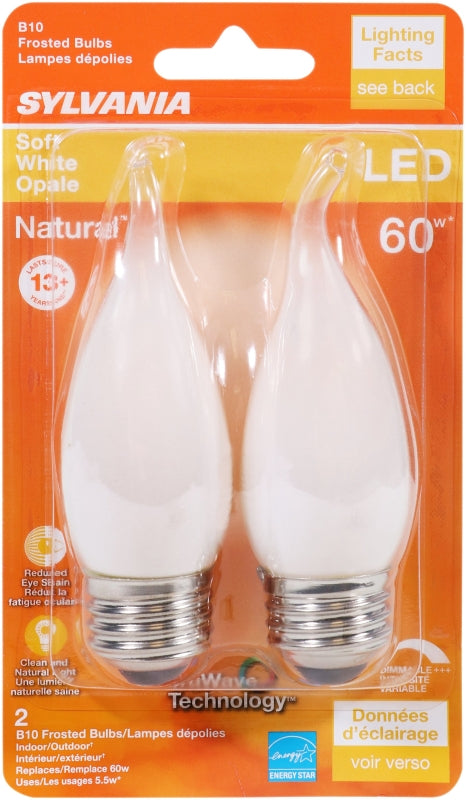 Sylvania 40783 Natural LED Bulb, Decorative, B10 Bent Tip Lamp, 60 W Equivalent, E26 Lamp Base, Dimmable, Frosted