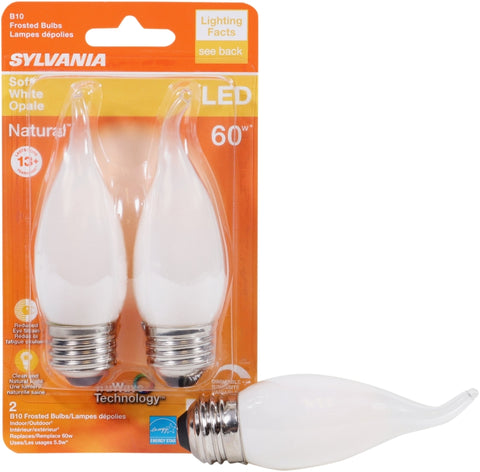 Sylvania 40783 Natural LED Bulb, Decorative, B10 Bent Tip Lamp, 60 W Equivalent, E26 Lamp Base, Dimmable, Frosted