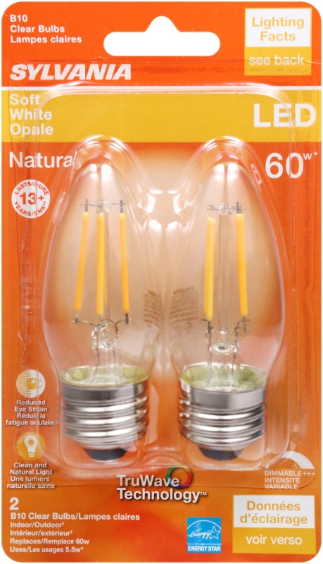 Sylvania 40795 Natural LED Bulb, Decorative, B10 Blunt Tip Lamp, 60 W Equivalent, E26 Lamp Base, Dimmable, Clear