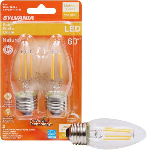 Sylvania 40795 Natural LED Bulb, Decorative, B10 Blunt Tip Lamp, 60 W Equivalent, E26 Lamp Base, Dimmable, Clear